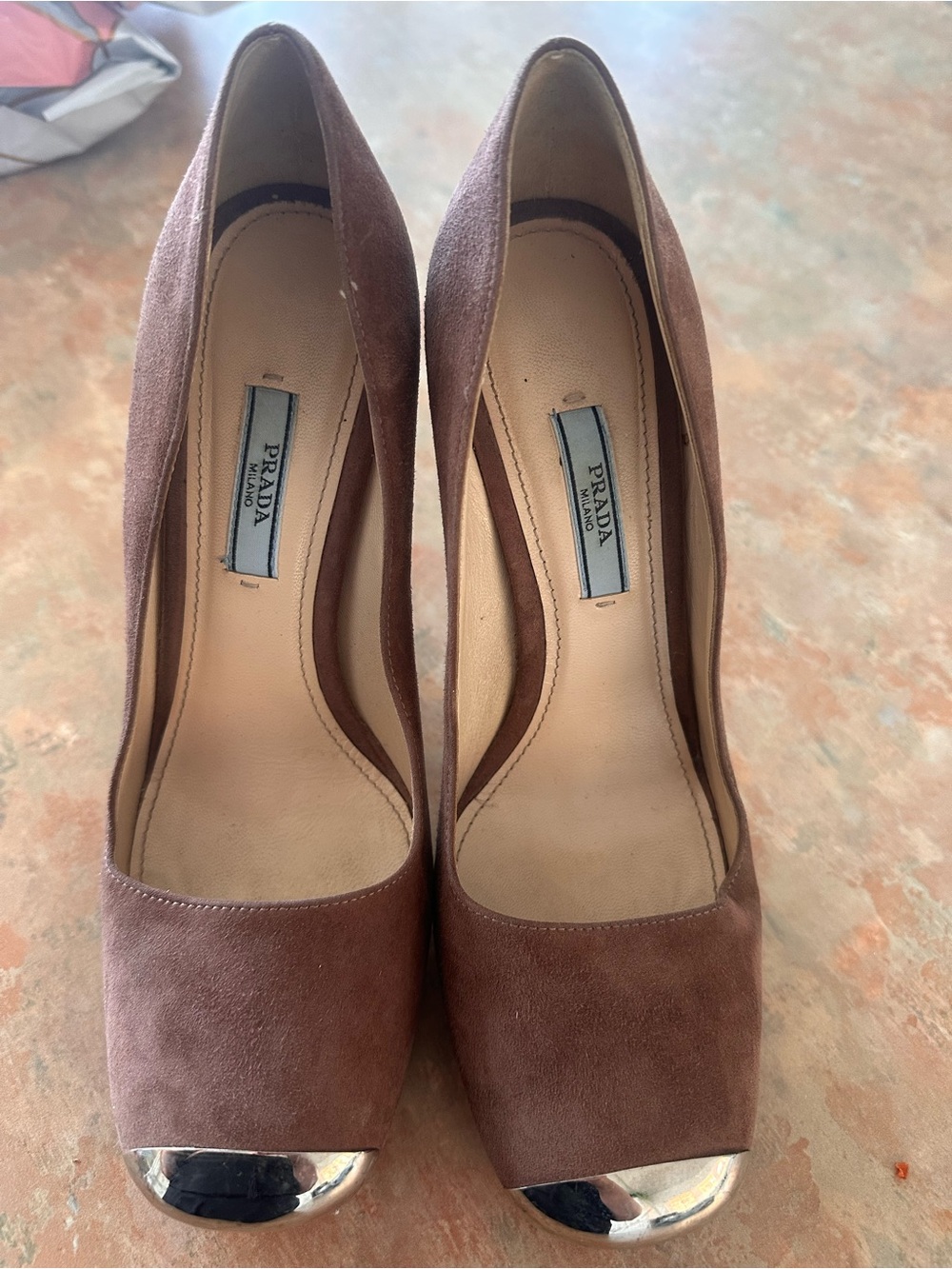 Prada Women’s Brown Suede gold accent Toe Heels with gold heel  Cap